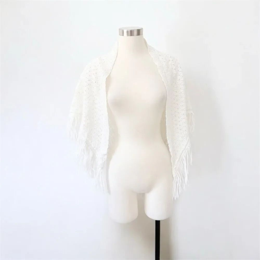 White Knit Crochet Fringe Tassel Shawl Scarf Open Drape Boho